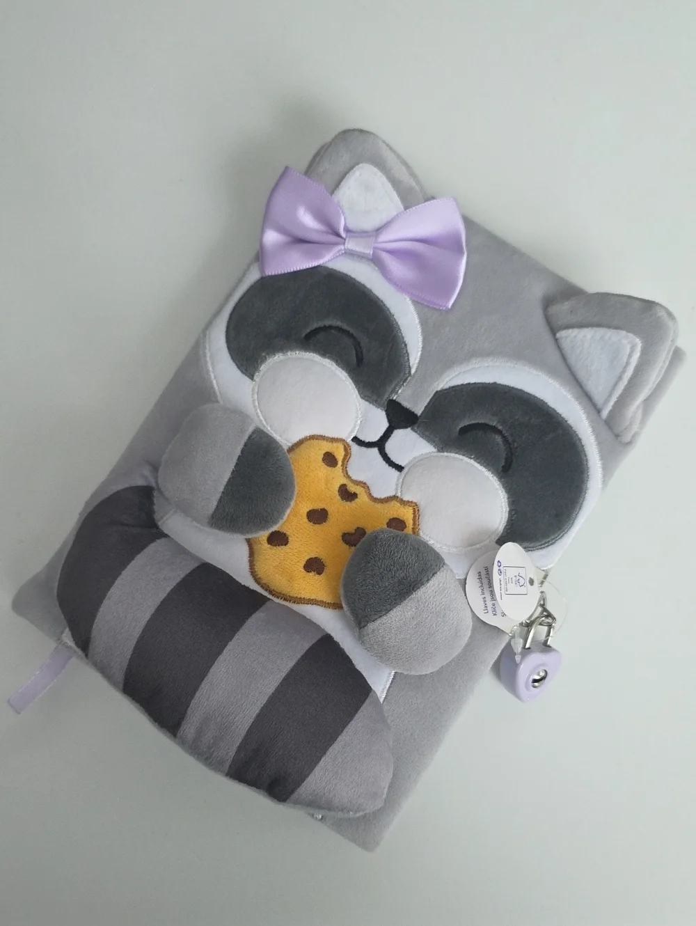 Diary With Lock - Plush Raccon With Purple Bow Holding A Cookie Notebook